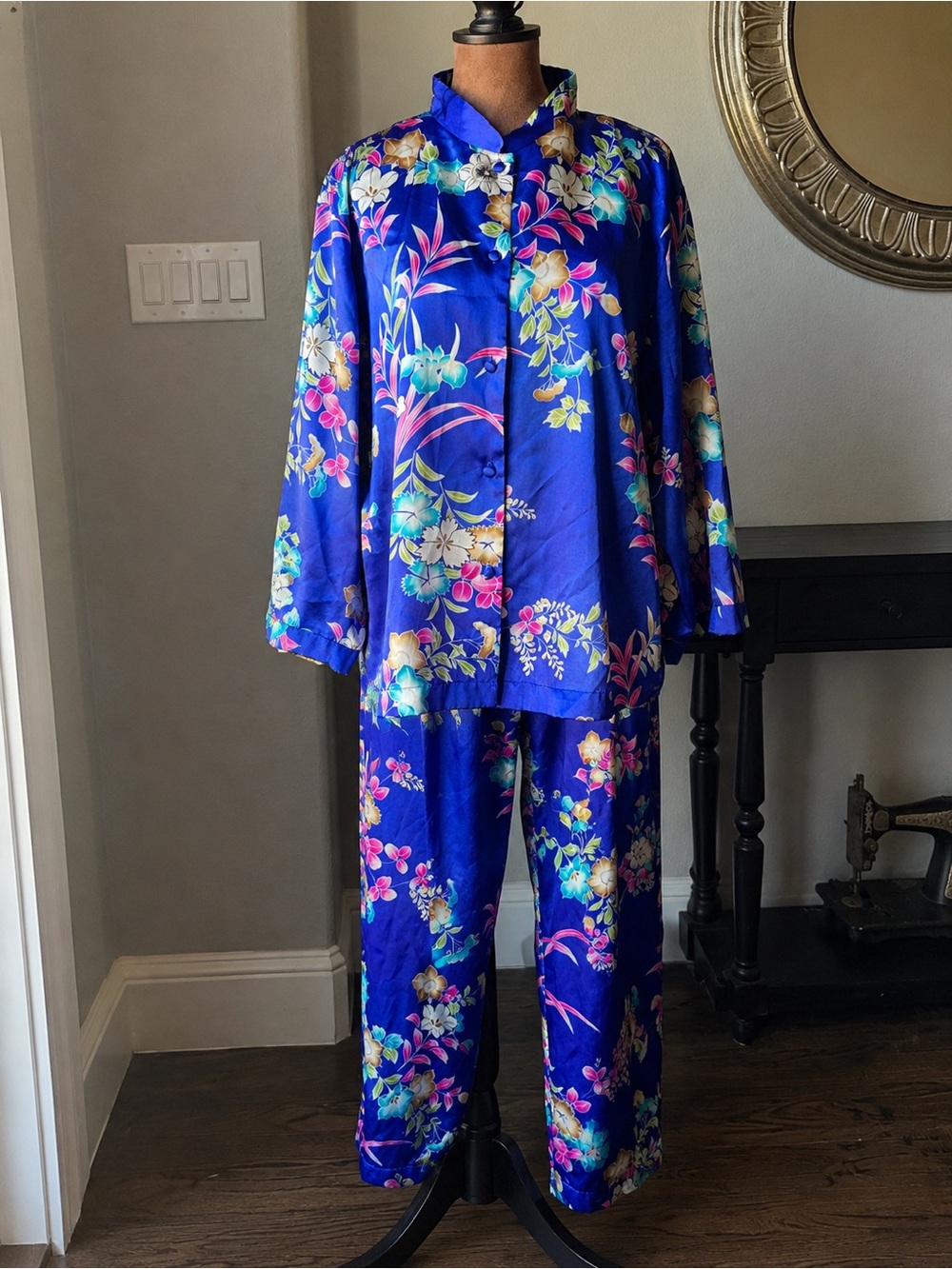 Vintage Oscar de la Renta Pink Label Floral Satin Pajama Set XL